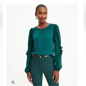 Velvet Dot Ruffle Sleeve Mixed Media Top (Deep Emerald Spruce)